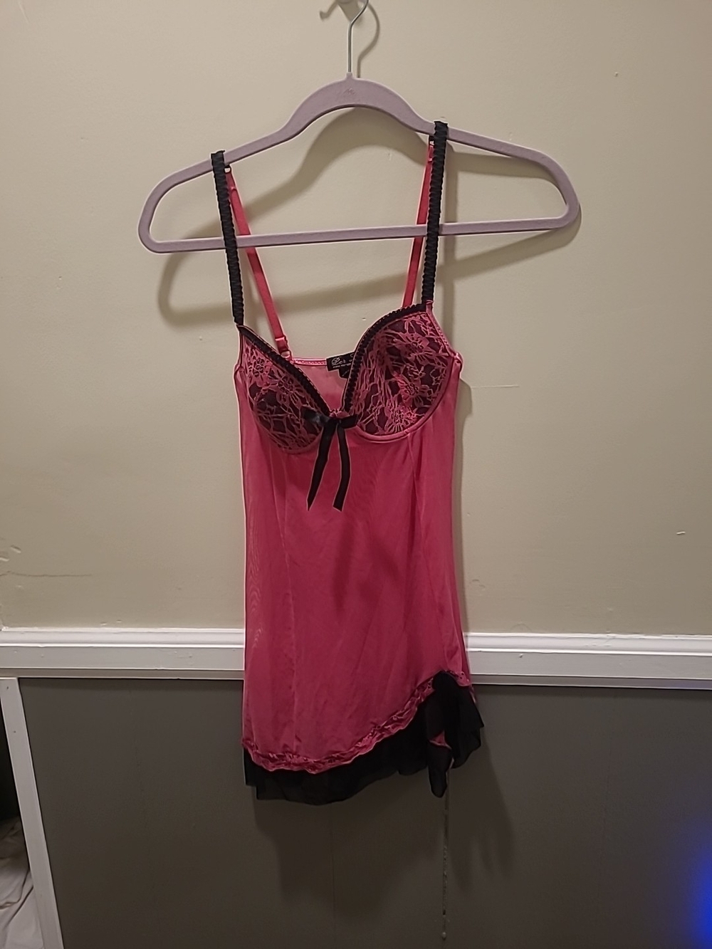 Per Lei Hot Pink And Black Babydoll Lingerie Top Small Bows Lace Wired Bra